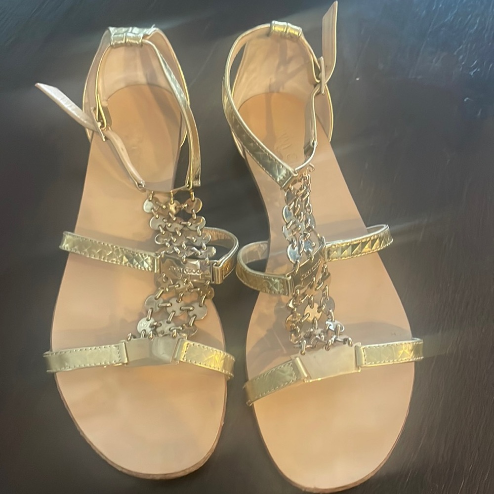 Jimmy Choo Gold Leather T-Strap Flat Sandals
